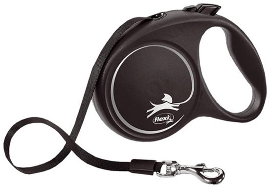 Zwarte Flexi rolriem met karabijnhaak en lusvormige band.