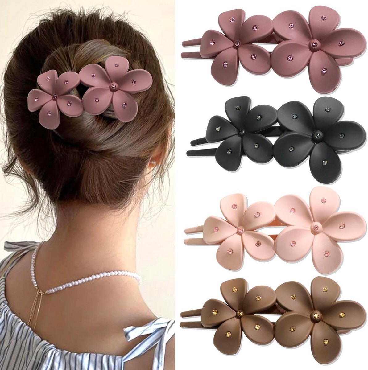 4x Elegante Bloem Haarspeldjes met Strass - Anti-slip Klawclips voor Dames