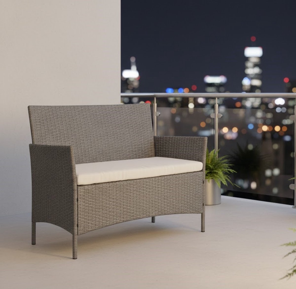 Halden Luxe Polyrattan Tuinbank met Kussens – 2-Zits Settee, Waterafstotend, Grijs met Crème Kussen – House&Garden