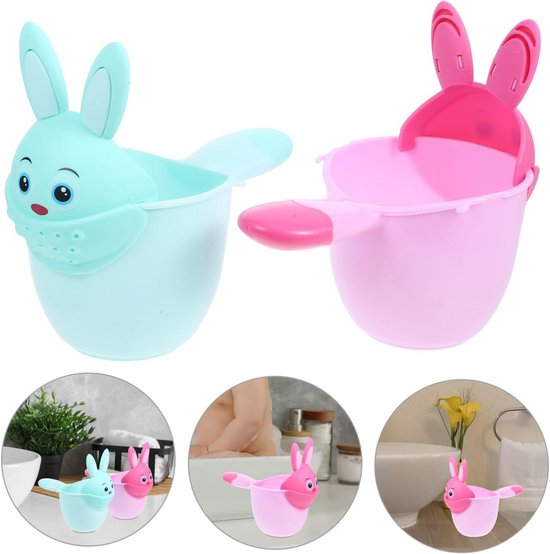 Set van 2 kindershampoobekers, shampoolepels, babybadbekers, shampoosets voor peuters (groen, roze) — afbeelding 3