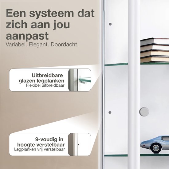 Vitrine sur pied à 1 porte, 4 étagères en verre réglables en hauteur - Éclairage LED - 176 x 37 x 33 cm - Wit