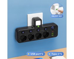 Eén naar meerdere, met schakelaar, USB-stopcontact, met USB slimme stekkerdoos, stekkerdoos, verlengsnoer, Type-C opladen, met nachtlampje, zwarte uitvoering 3