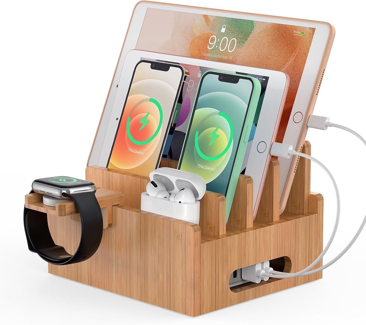 Bamboe Laadstation Organizer voor Meerdere Telefoons, Tablet, Smartwatch en Oordopjes