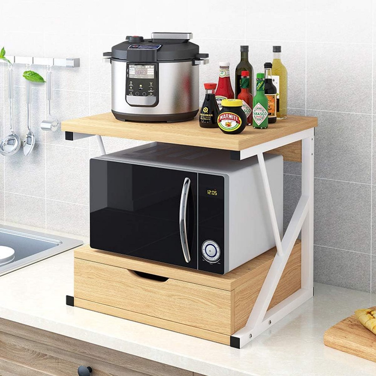 Keukenrek met 2 niveaus en lade - Magnetronstandaard & Opbergplank voor Keuken