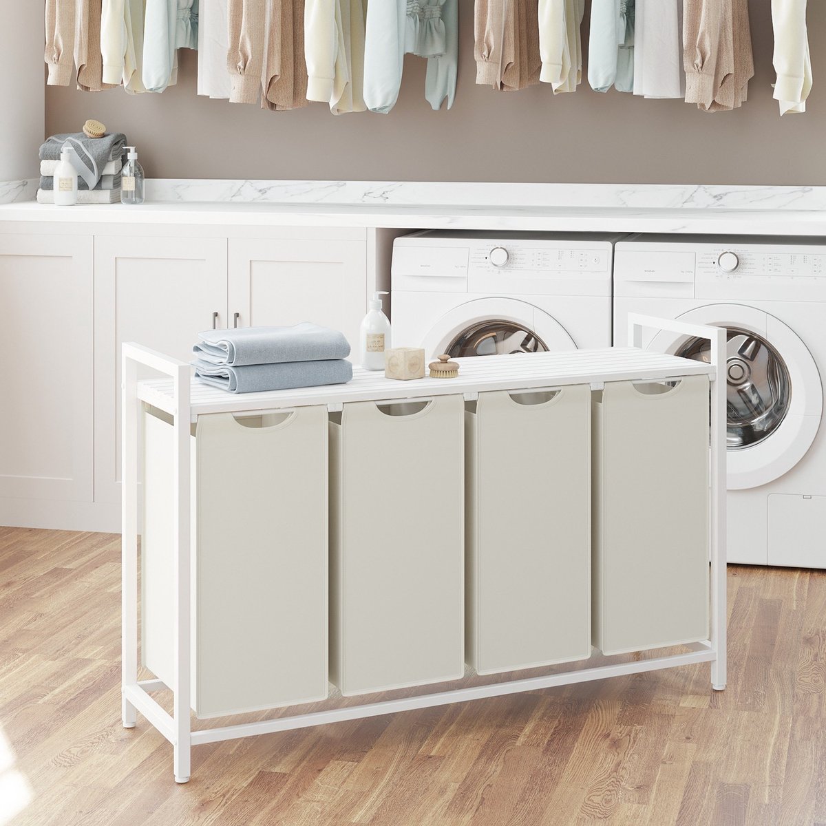 Wasmand – Metalen frame – Rustiek bruin en zwart – 4 vakken met uitneembare zakken en plank