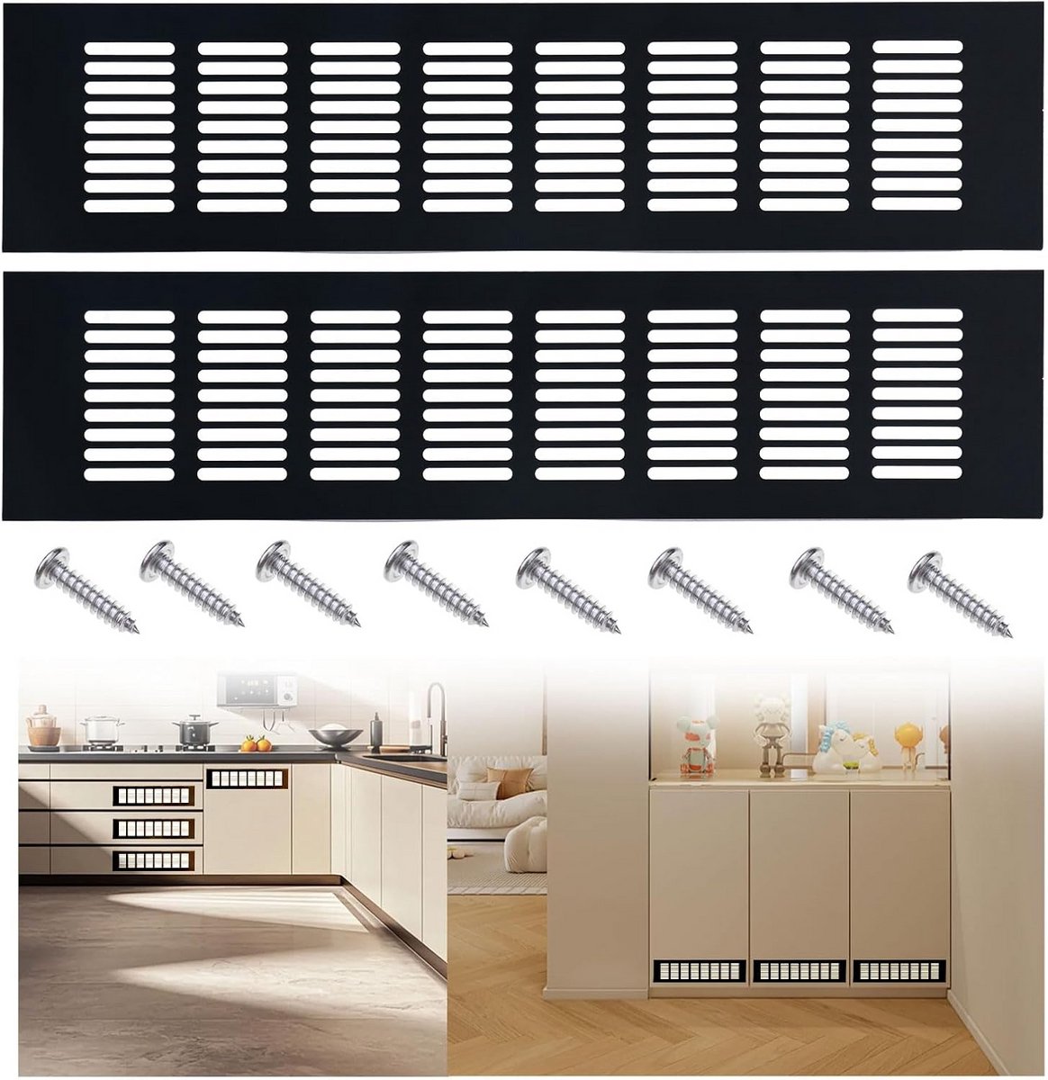 2x Zwarte Ventilatie Rooster 80x350mm Aluminium Luchtrooster voor Keuken, Kast of Muur