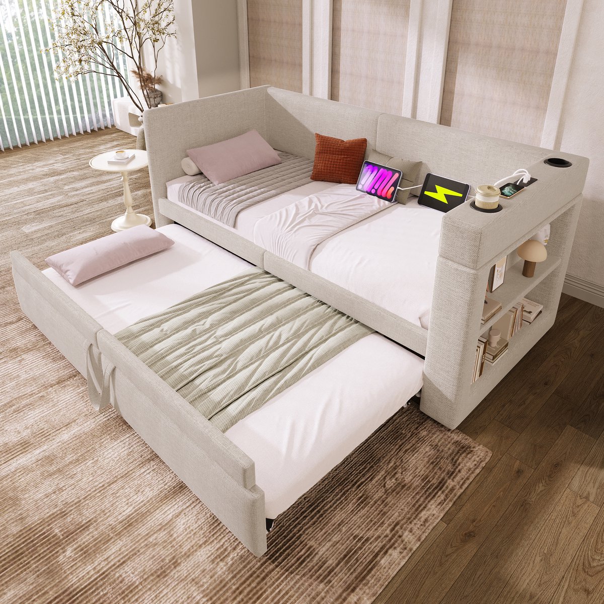 Clruro Polsterbed - 90x200 - Daybed Met Uittrekbed - Armleuningen Met USB & Type-C En Drinkhouder - Linnen Mix - Beige