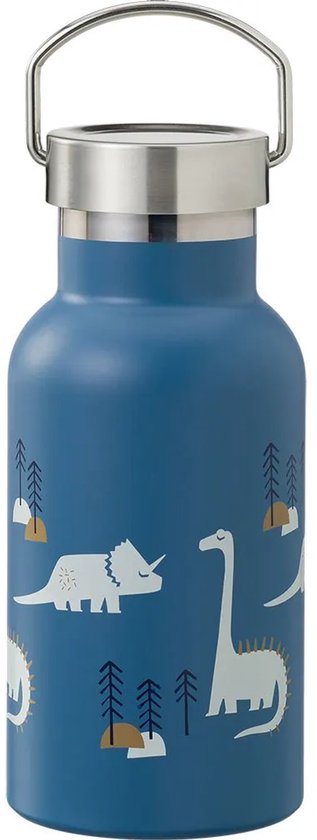 Blauwe drinkfles met dinosaurusprint en metalen draaideksel.