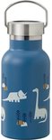 Blauwe drinkfles met dinosaurusprint en metalen draaideksel.