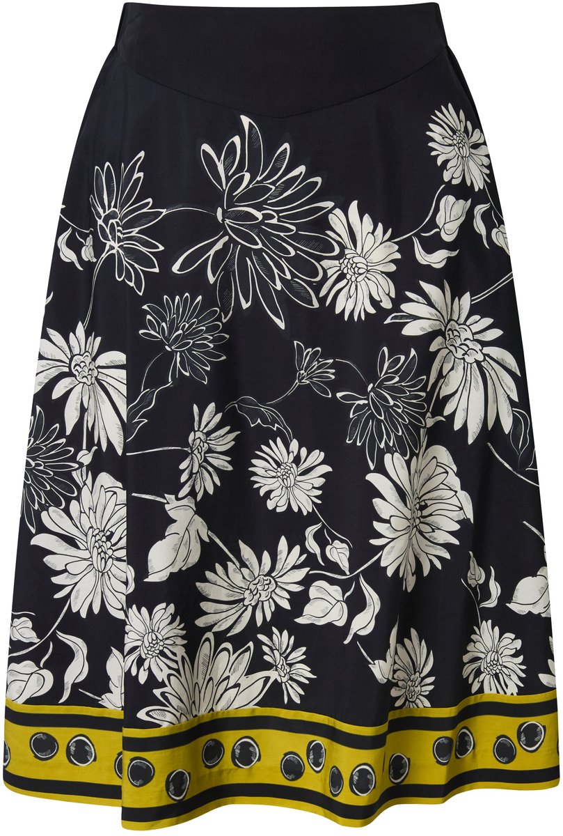 Ulla Popken - Dames - Midi-rok bloemen A-lijn comfortabele tailleband lyocell - Zwart - Maat 58+