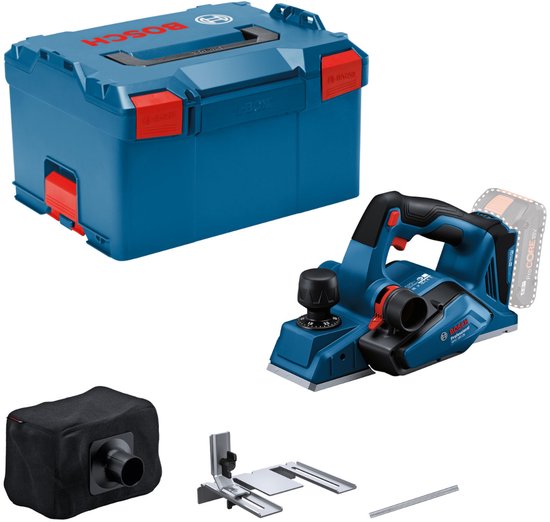 Blauwe Bosch schaafmachine met koffer, stofzak en accessoires op witte achtergrond.