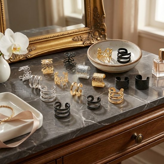 Collectie van veertien oorclips in zilver, goud en zwart, met diverse designs, gerangschikt op een dressoir.