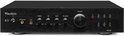 Zwarte hifi-versterker met aan de voorzijde knoppen voor aan/uit, koptelefoon, AUX, Treble, Mid, Bass, Balance en Volume.