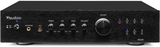 Zwarte hifi-versterker met aan de voorzijde knoppen voor aan/uit, koptelefoon, AUX, Treble, Mid, Bass, Balance en Volume.