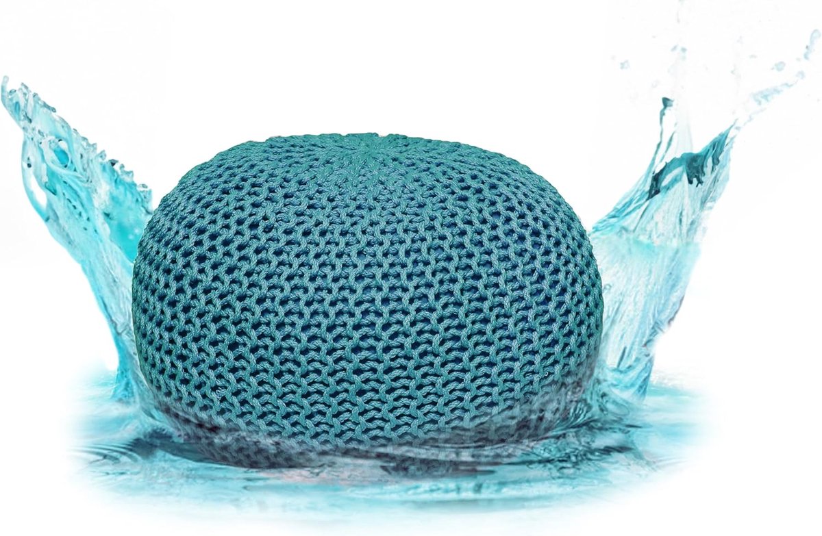 Grof Gebreide Poef - Zitkruk Voetenbank - Binnen en Buiten - Waterdicht Gemaakt - Ø 45cm - Turquoise