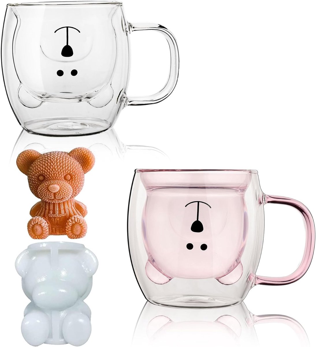 Schattige beren mokken - Thee glazen - Warme dranken - Dubbelwandig glas - 250 ml - Wit Roze