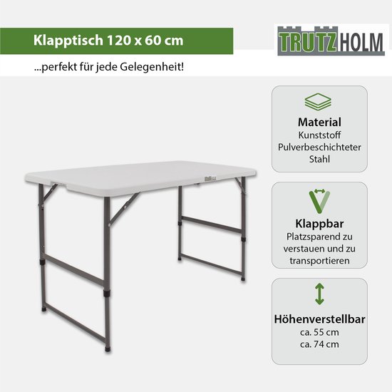 TRUTZHOLM - Klaptafel - 120 x 60 cm - In Hoogte Verstelbaar - Wit - Campingtafel - Vouwtafel - Kunststof - Voor 4-6 Personen van Merkloos — afbeelding 2