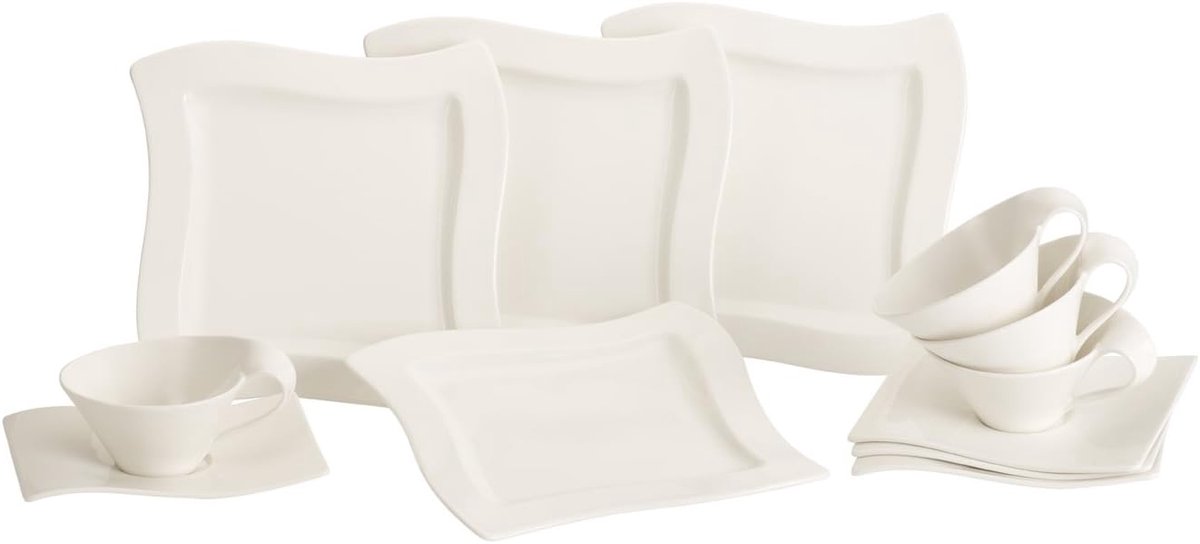 Theeset 12-delig - Servies Set - Thee Moment - Moderne Golf Design - 35x35x15 cm - Wit