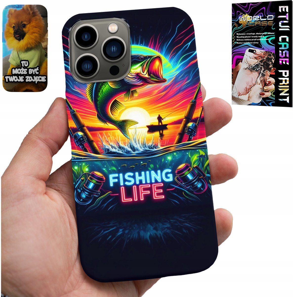 iPhone 13 Pro hoesje - Vispatronen, vishengel, rugzak