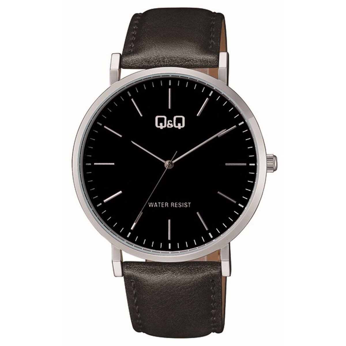 QQ C43A-002PY - Horloge - Polshorloge - Analoog - Heren - Mannen - Leren band - Rond - Metaal - Cijfers - Zwart - Zilverkleurig