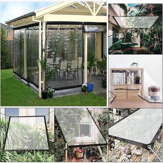 Transparante zijwanden aan een tuinhuisje, met zicht op tuinmeubelen en planten. Ook als beschermhoes voor kasten.