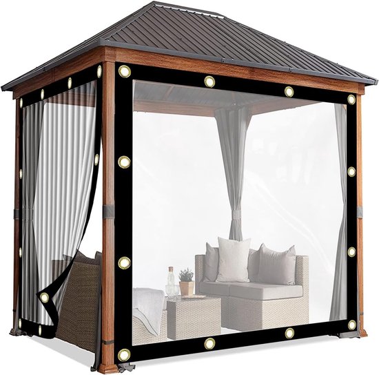 Een houten tuinpaviljoen met transparante zijwanden, voorzien van oogjes en zwarte randen. Binnen zichtbaar loungeset.