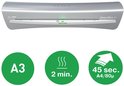 Leitz Home Office A3 lamineermachine in zilver met 'A3', '2 min.' en '45 sec. A4/80μ' indicaties.