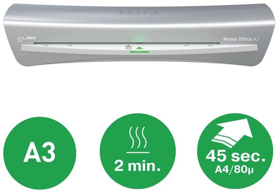Leitz Home Office A3 lamineermachine in zilver met 'A3', '2 min.' en '45 sec. A4/80μ' indicaties.