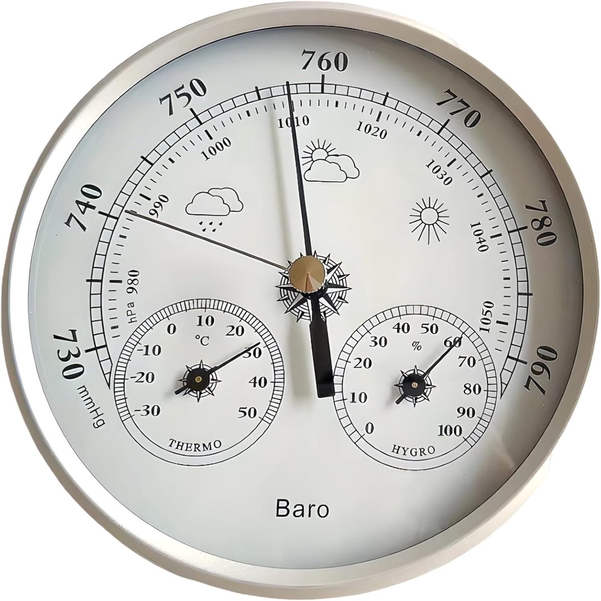 Weerstation 3-in-1 - Barometer Thermometer Hygrometer - Binnen Buiten - 5 Inch Wijzerplaat - 13x13x3 cm - Zilver Wit
