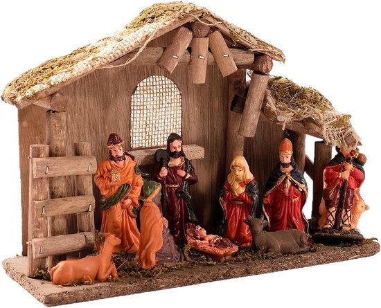 Kerststal Figuren Set - Religieuze Decoratie - Feestelijke Sfeer - Hars en Hout - 25x18x9.5 cm