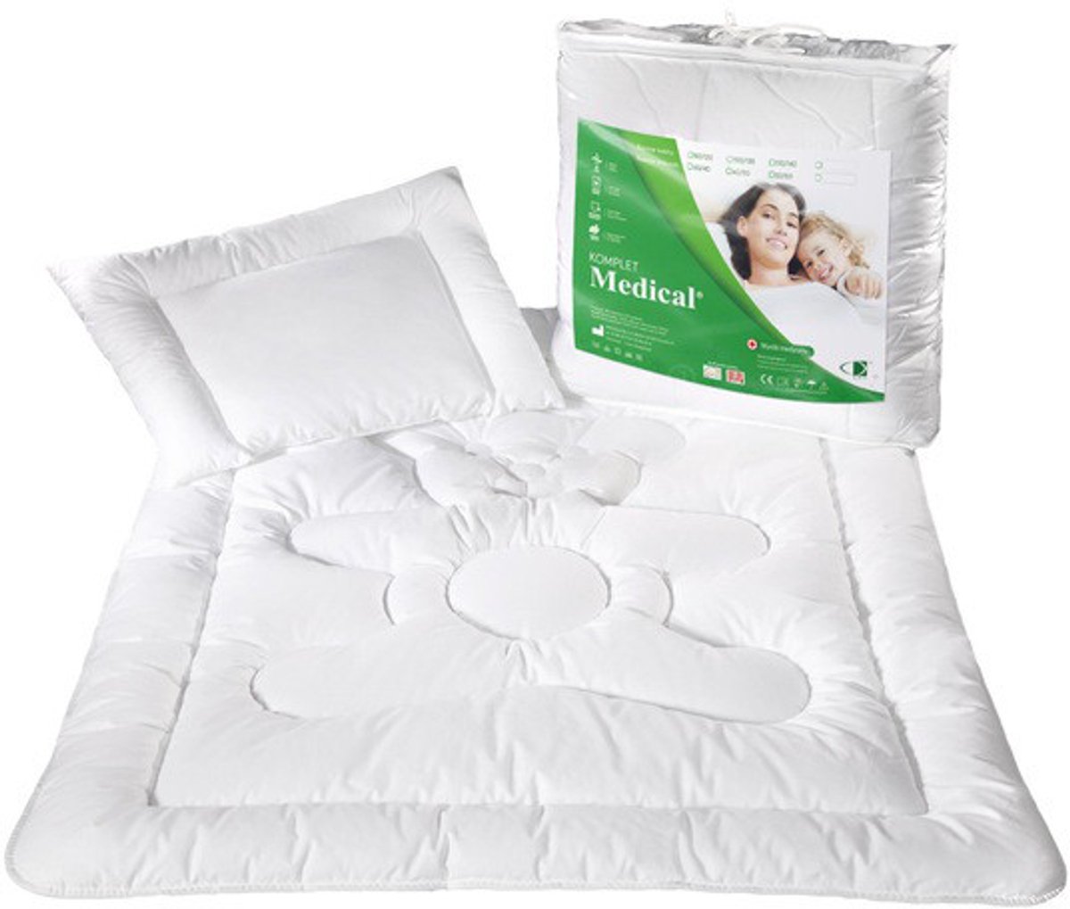 AMW Medical® - Kinderen Dekbedset - 110x140 cm Kołdra - Antiallergisch - 50x60 cm Plat Kussen - Wit