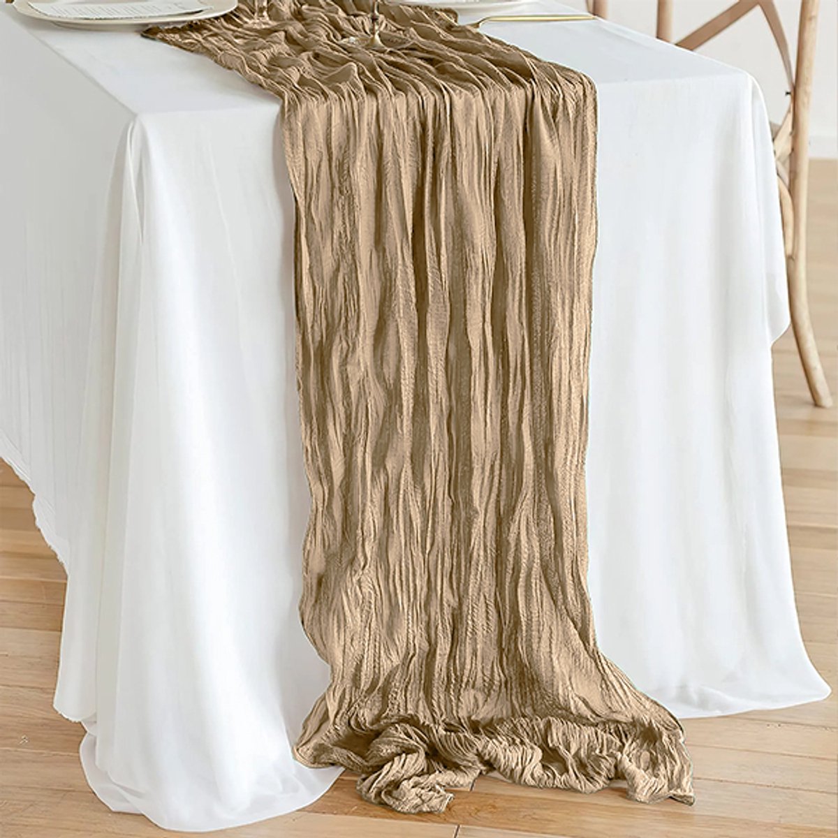 Meble odNowa - Boho Tafelloper - Gerimpeld - Beige - Rustiek - 90x300 cm