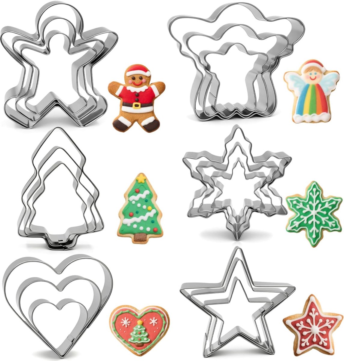 Kerstmis Cookie Cutter Set - 18 stuks 6 vormen - peperbrood man, kerstboom, sneeuwvlok, engel, hart, vijf sterren - roestvrij staal metaal koekje vormen voor de wintervakantie bakken Food Party Decor