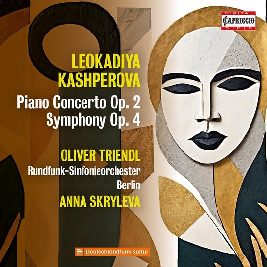 Abstracte gezichtsuitbeelding in goud en grijs, met tekst over Leokadiya Kashperova's pianoconcert en symfonie.