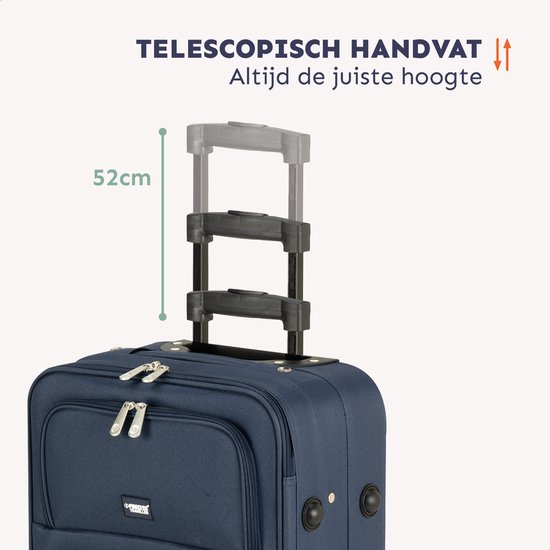 Donkerblauwe koffer met uitschuifbaar handvat van 52cm.