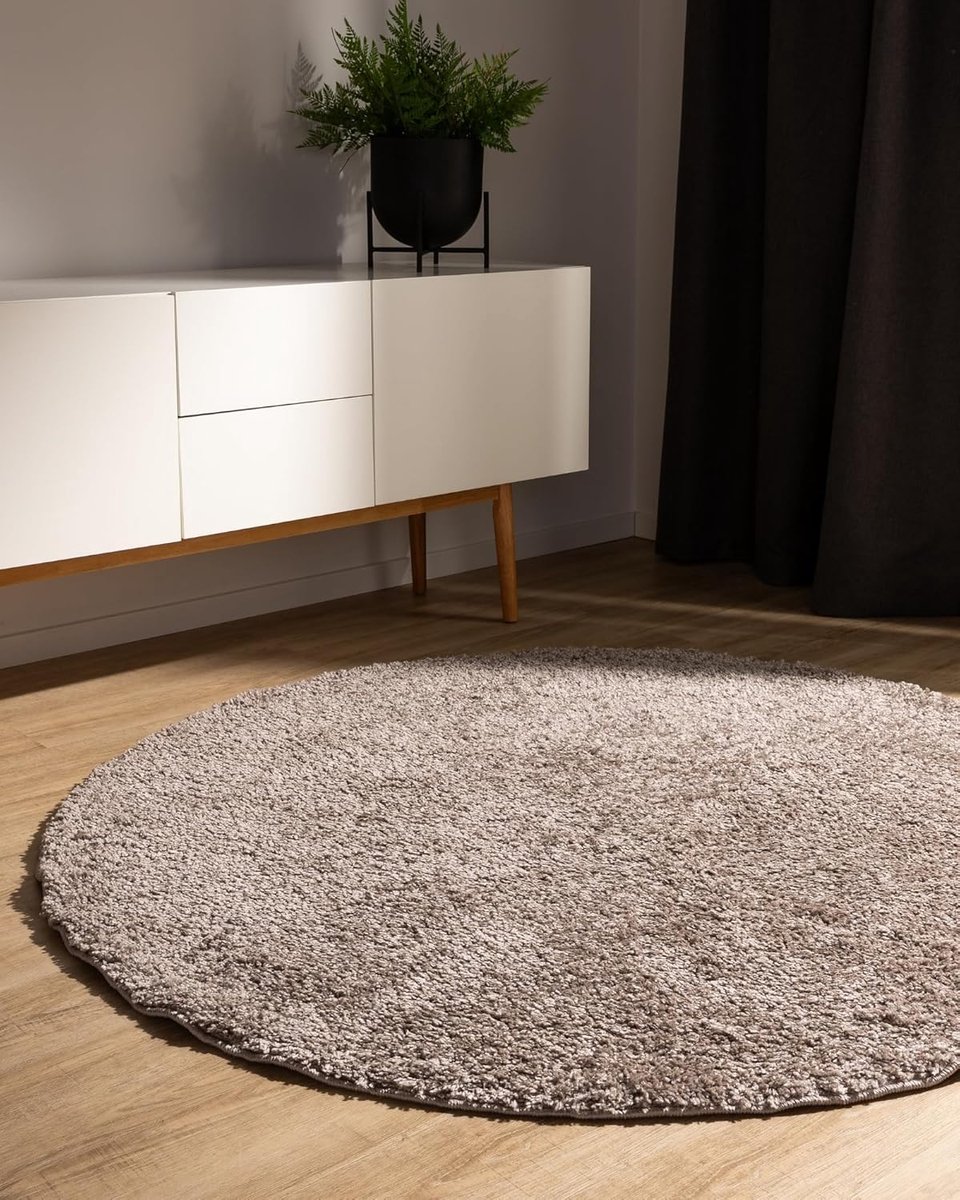 Rond Hoogpolig Vloerkleed Taupe - Zacht, Wasbaar en Geschikt voor Vloerverwarming - Woonka