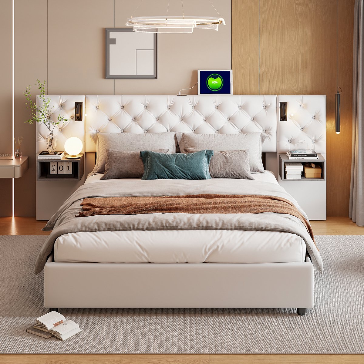 Opbergbed 140x200 Beige Velvet – Bed met USB-C, Leeslamp & Opbergruimte