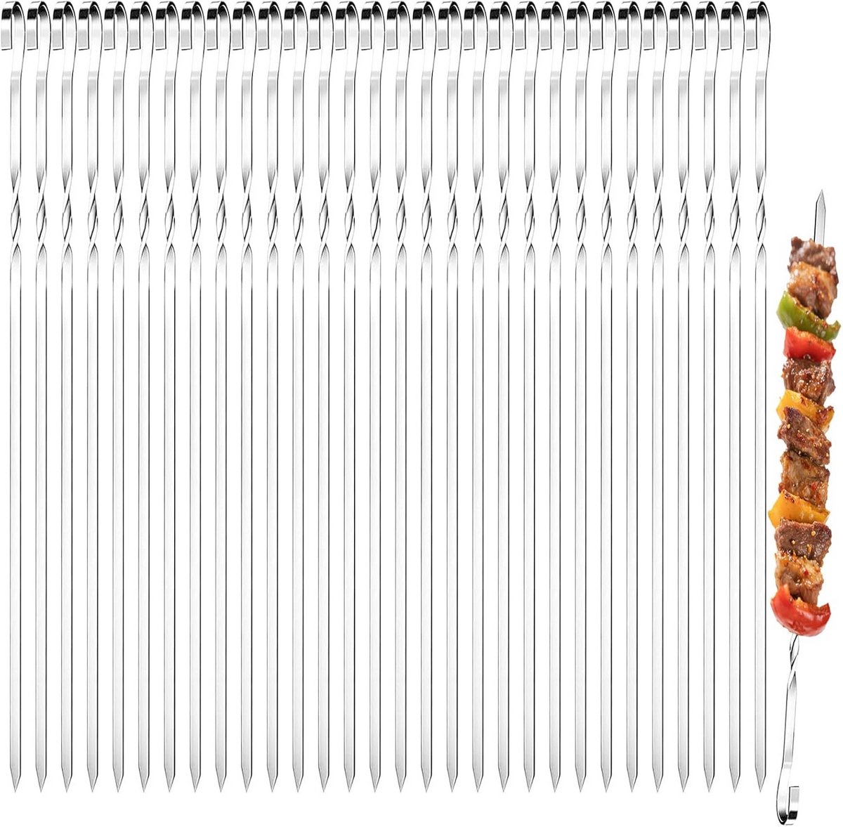 Grillspiesen Set - Roestvrij Staal - BBQ Vlees Vis - Plat Ontwerp Stabiliteit - 30 Stuks 40cm