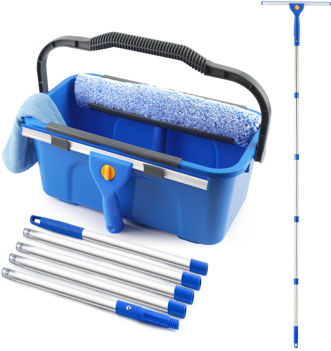 ANMI® Professionele Raamreinigingsset met Emmer 12L - Raamwisser met Lange Steel 180 cm - Raamtrekker en Microvezel Inwasser - Voor Thuis Kantoor Auto en Buiten