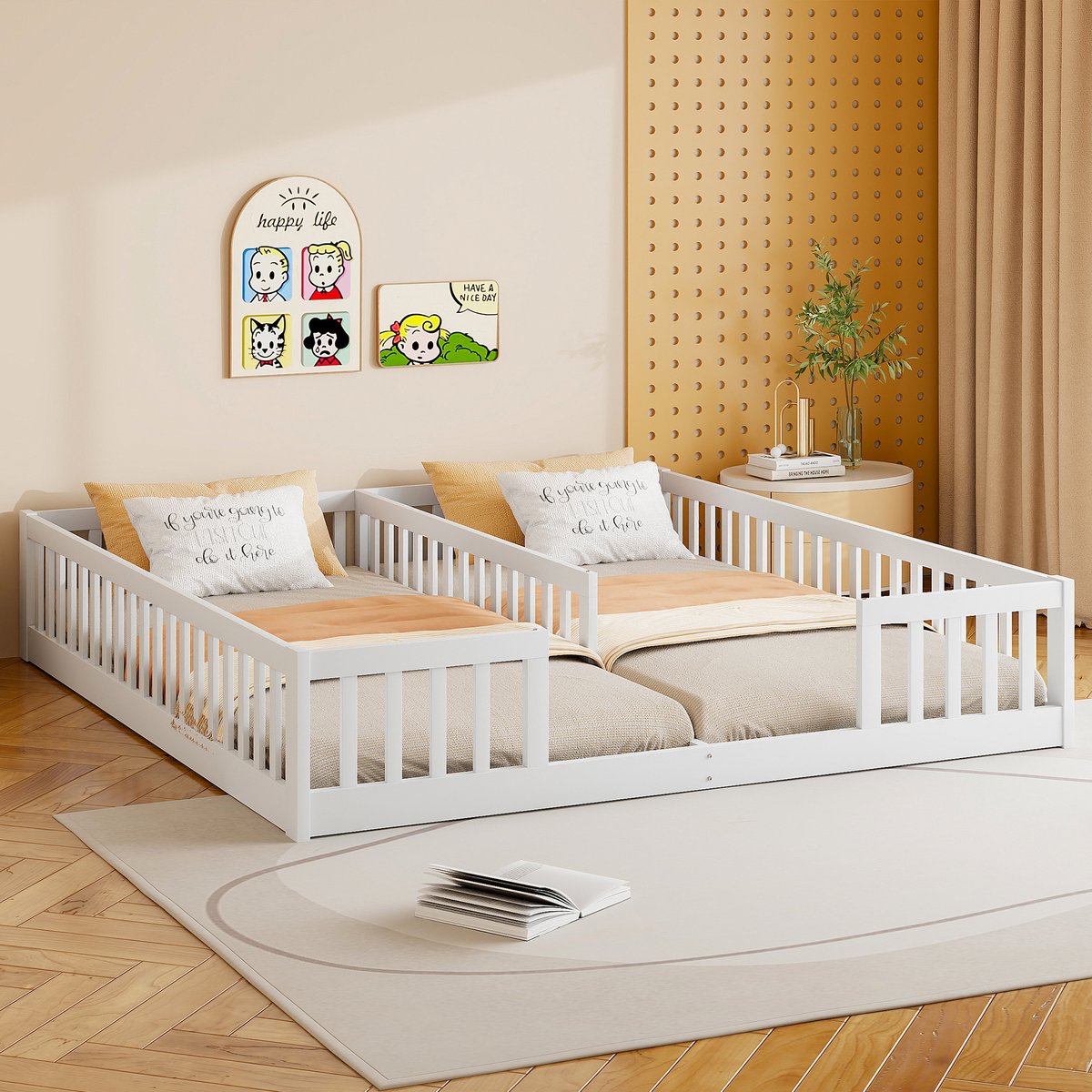 Wishdor Kinderbed 2x 90x200 cm – Veiligheidshek Rondom – Lage Vloeropstelling – Grenenhout Wit