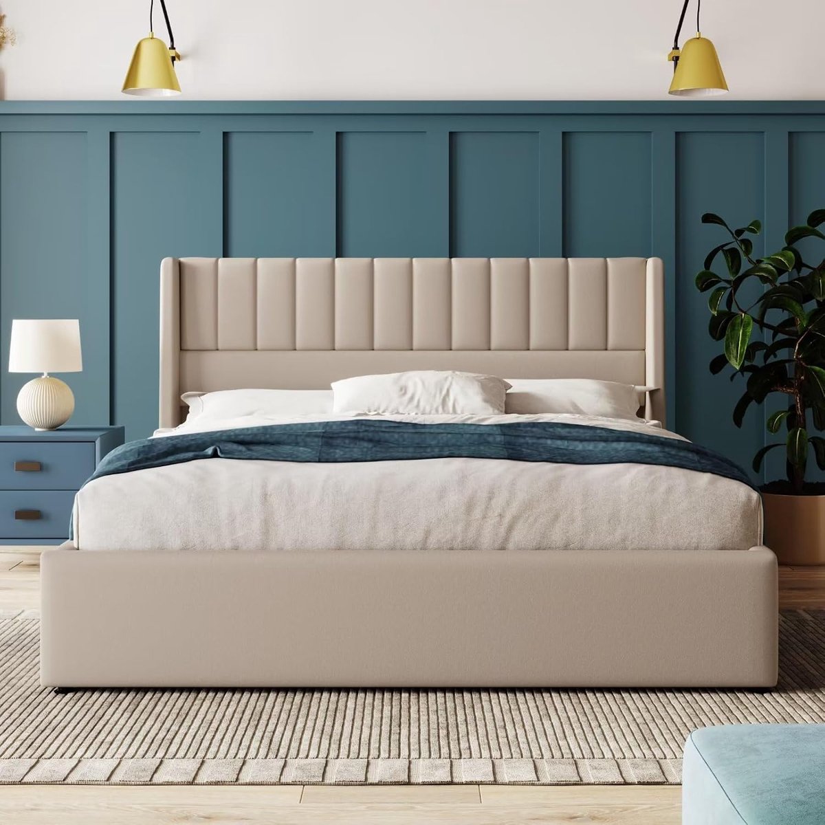 estoffeerd Tweepersoonsbed 140x200 cm met Opbergruimte en Hydraulische Lattenbodem – Modern Linnen Beige Bed met Hoofdbord – Abkantoor