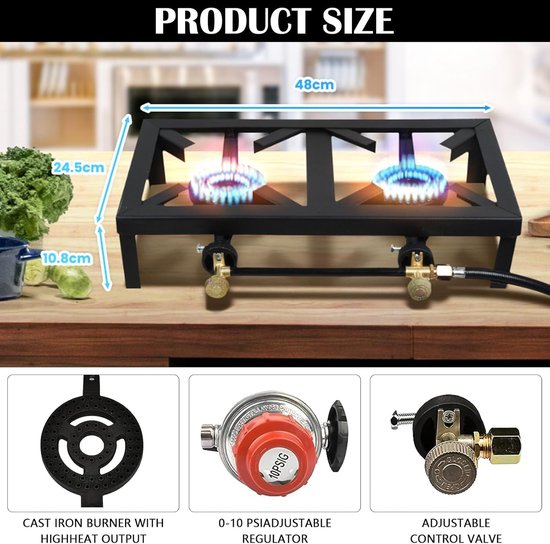 Gasfornuis 2 pits - Camping kooktoestel - Outdoor koken - Hoge efficiëntie 8000W - 48 x 25 cm - Zwart — afbeelding 5