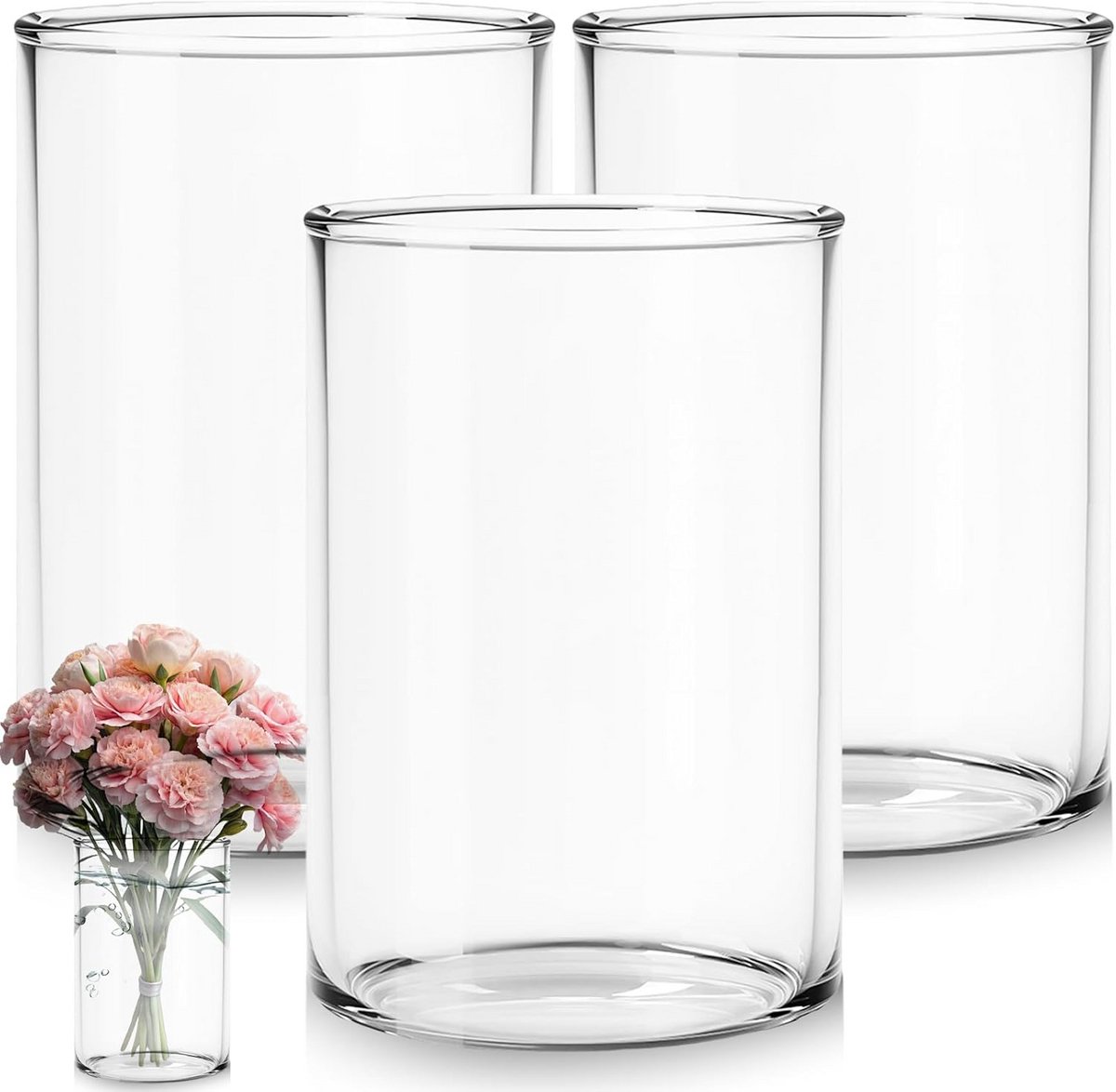 Set van 3 Hoge Cilindervazen van Helder Glas voor Bloemen en Decoratie