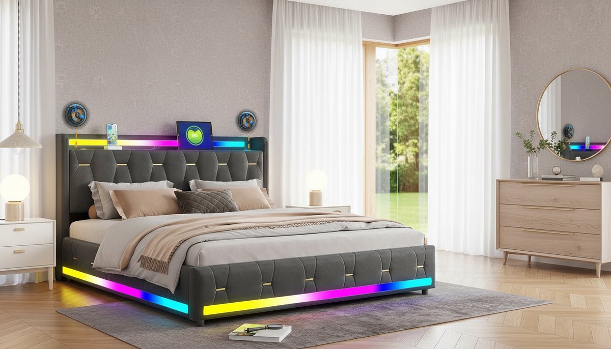 Gestoffeerd Bed 160x200 cm met Bluetooth Speakers, LED Verlichting, 4 Opberglades, USB & Type-C Oplaadstation – Casa Velluto Luxe Tweepersoonsbed met Fluwelen Hoofdbord en Houten Lattenbodem – Modern Bedframe Grijs