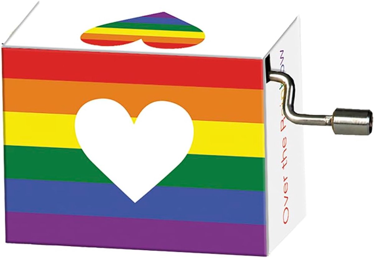 Houten muziekdoos met regenboog en hart motief dat 'Over the rainbow' speelt