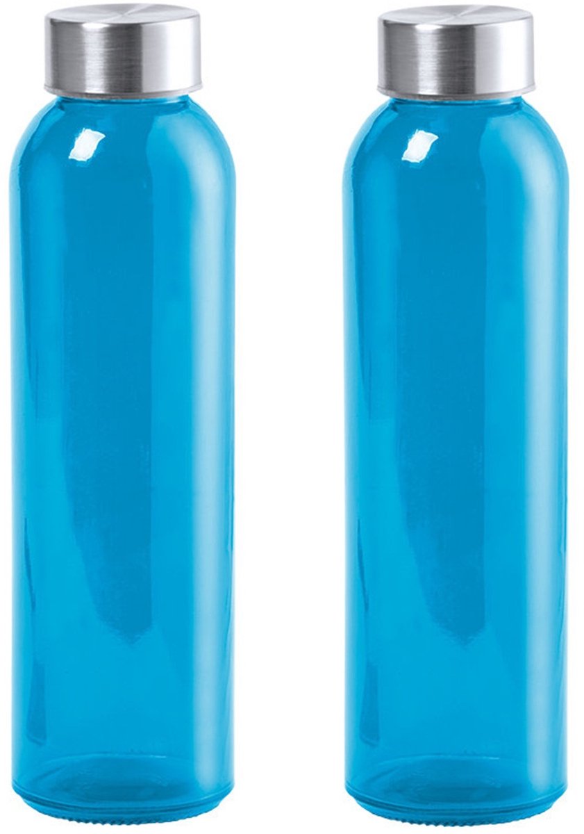 2x Stuks glazen waterfles/drinkfles blauw transparant met Rvs dop 550 ml - Sportfles - Bidon