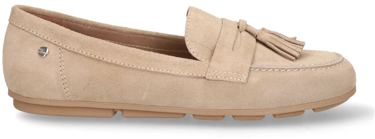 No Stress - Dames - Beige suède loafers met franjes - Maat 42