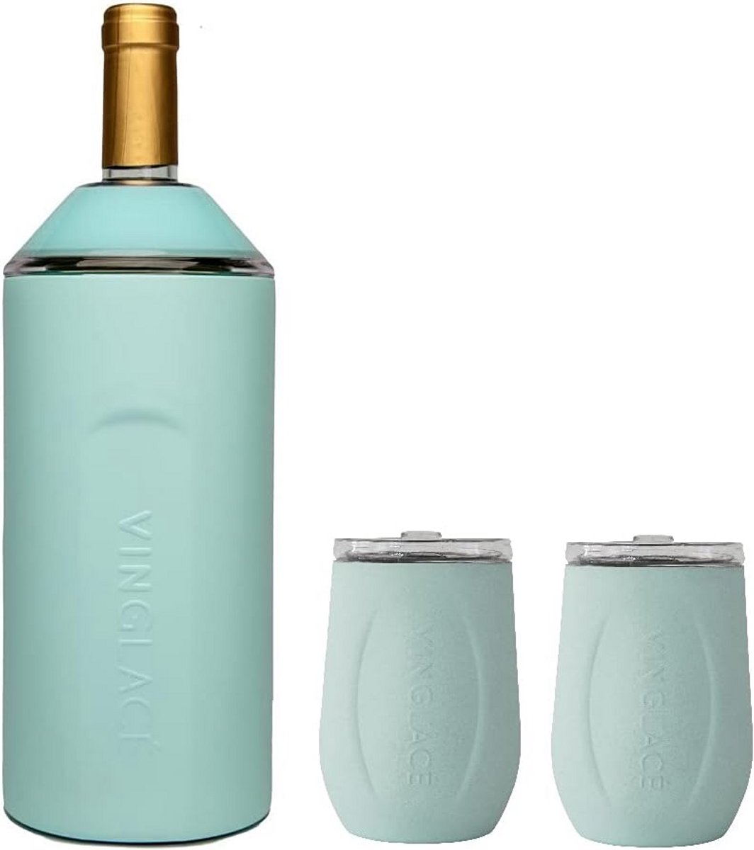 Cadeauset met Flesisolator Chiller en 2 Stemless Wijnglazen - Zeeglas Afwerking