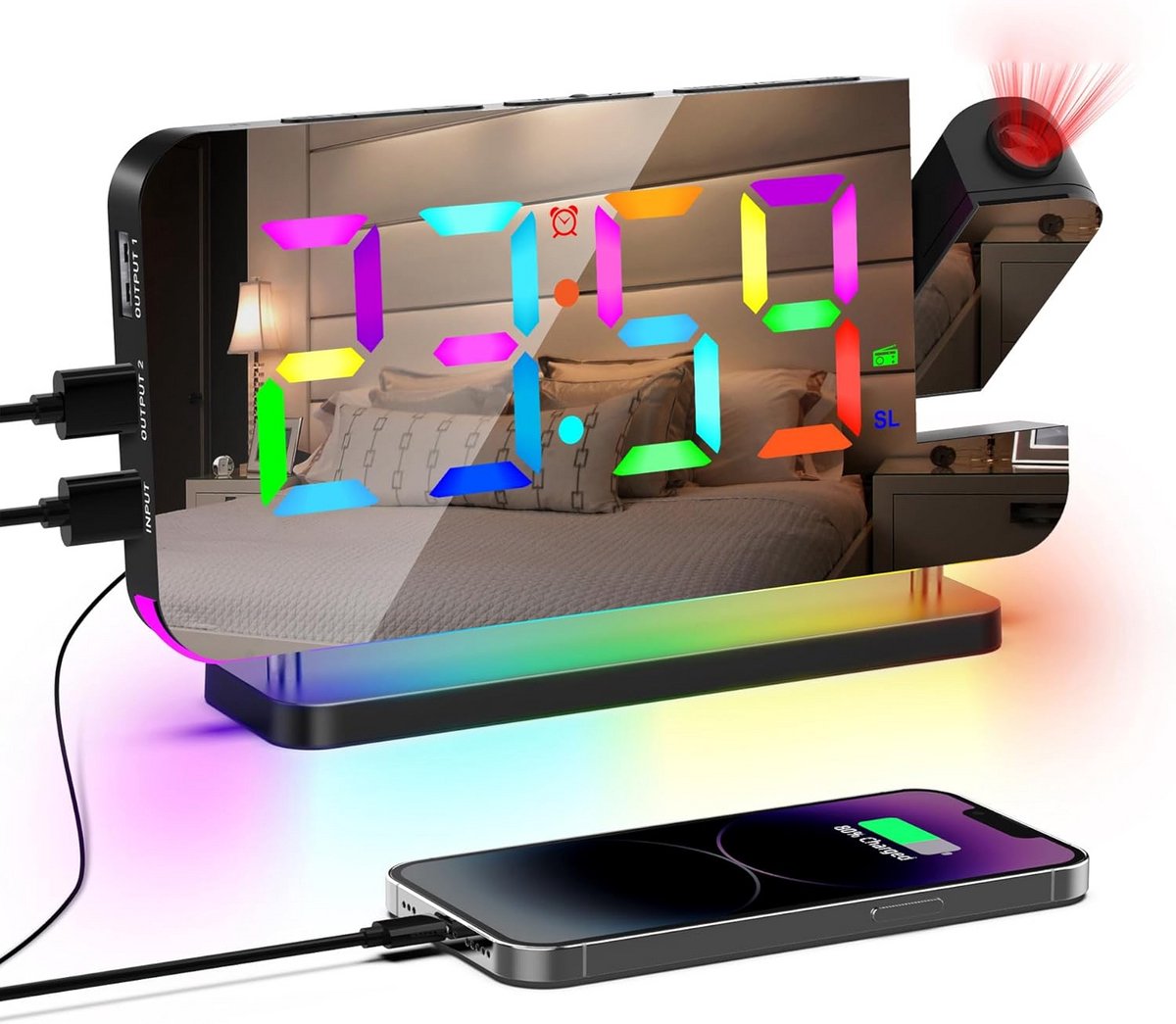 Digitale Projectie Wekker met FM Radio, RGB Achtergrondverlichting, 6 Helderheidniveaus, USB Oplader en Snooze Functie - 180° Draaibare Projectie