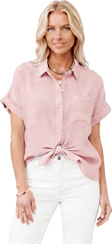 Linnen Overhemd Licht Roze - Dames - Korte Mouwen - Blouse